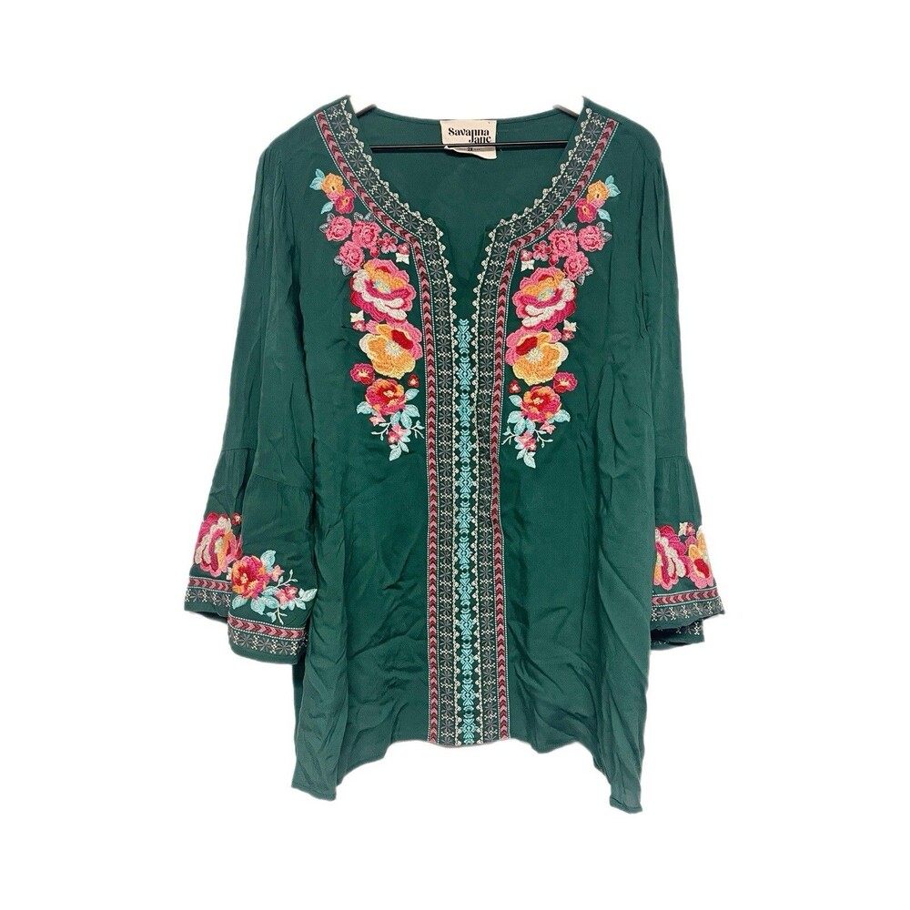 Savanna Jane Embroidered Floral Tunic Top Womens Size 2X Green Bell Sleeves Boho